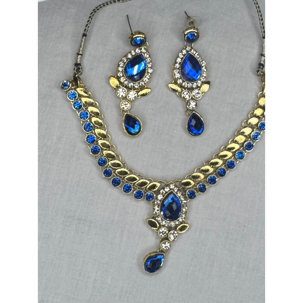 Blue Rhinestone Necklace Earrings Set Gold Tone Bridal Bollywood Jewelry